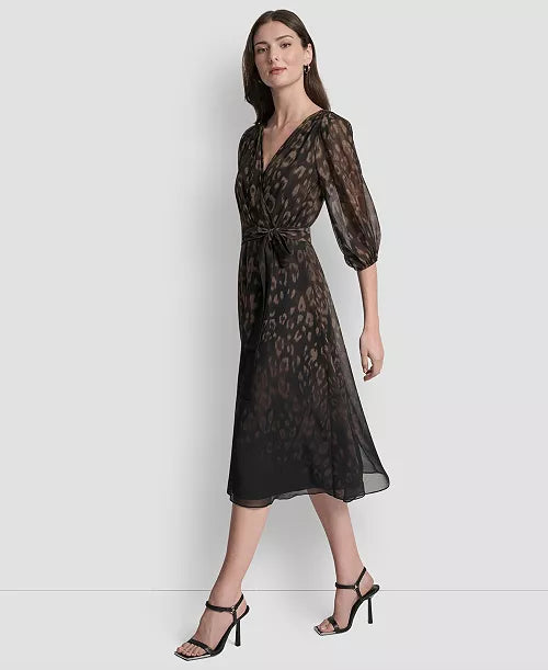 DKNY Chocolate Brown Multi Printed V-Neck Midi Dress