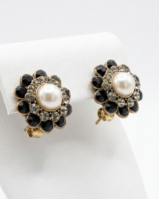 Vintage Onyx & Faux Pearl Sunburst Button Stud Earrings
