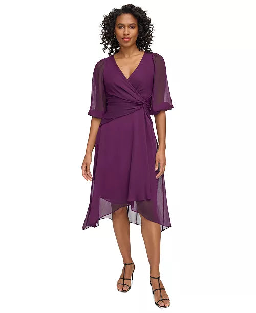 DKNY Women's Knot-Detail Chiffon Midi Fit & Flare Dress