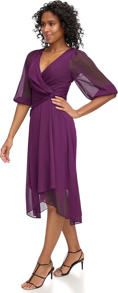 DKNY Women's Knot-Detail Chiffon Midi Fit & Flare Dress