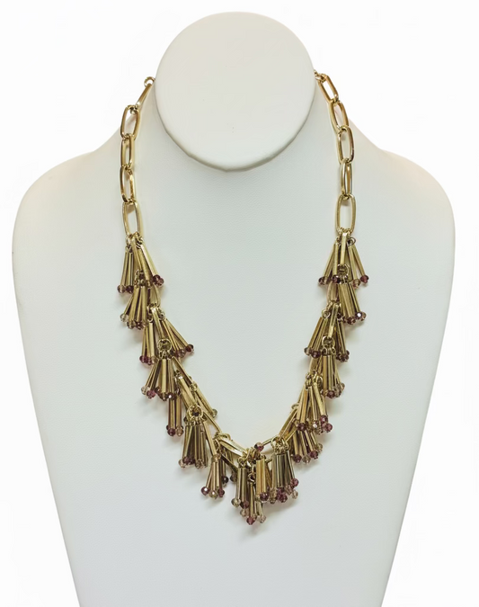 Vintage Fluted Gold Fringe Collar Necklace with Amethyst Crystal Drops