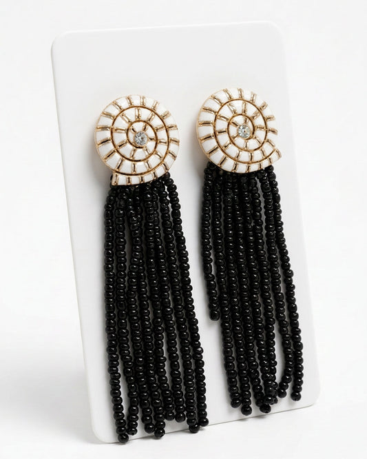 Oceanic Deco: Archival White Enamel Nautilus & Black Bead Fringe Statement Earrings