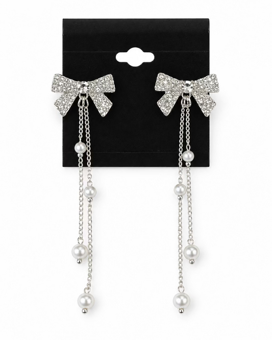 Coquette Crystal Bow & Pearl Dangle Earrings