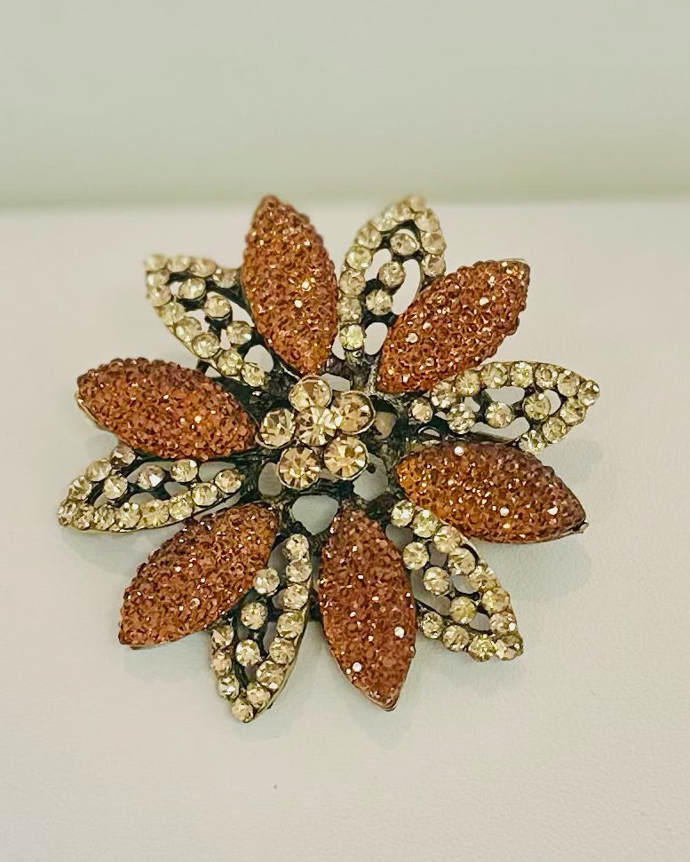Vintage Layered Flower Burst Brooch with Topaz Stardust Petals