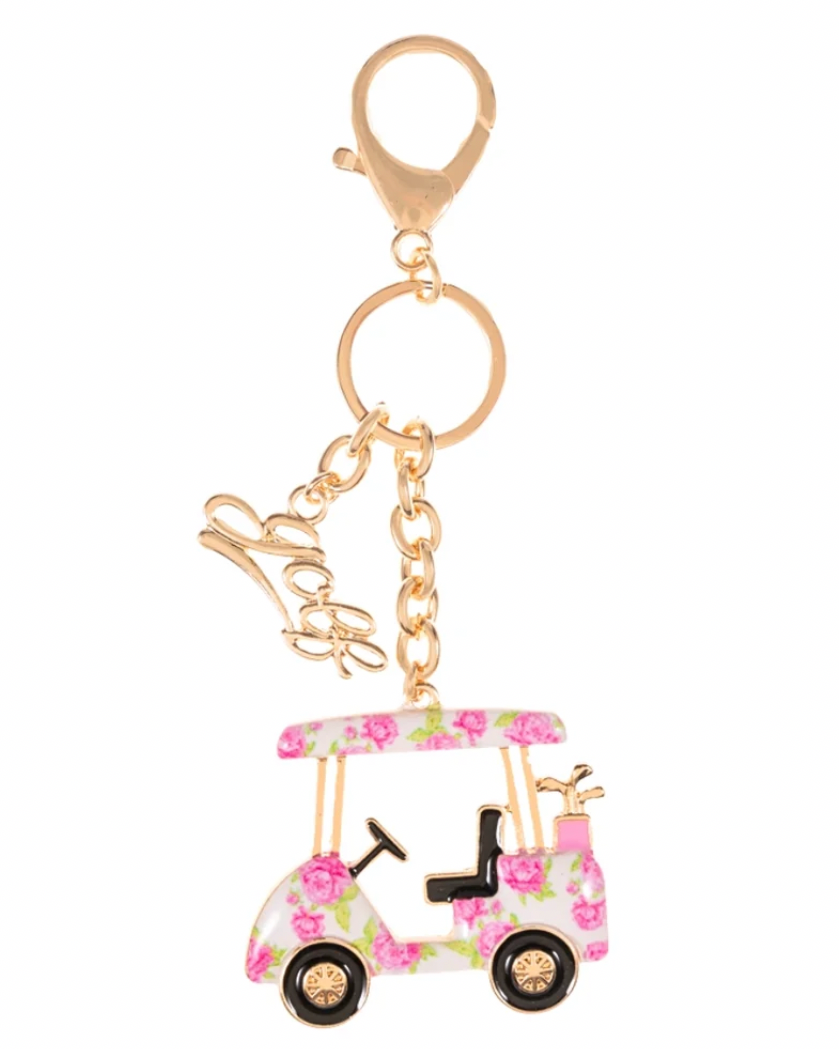 Enamel Floral Golf Cart Keychain Bag Charm