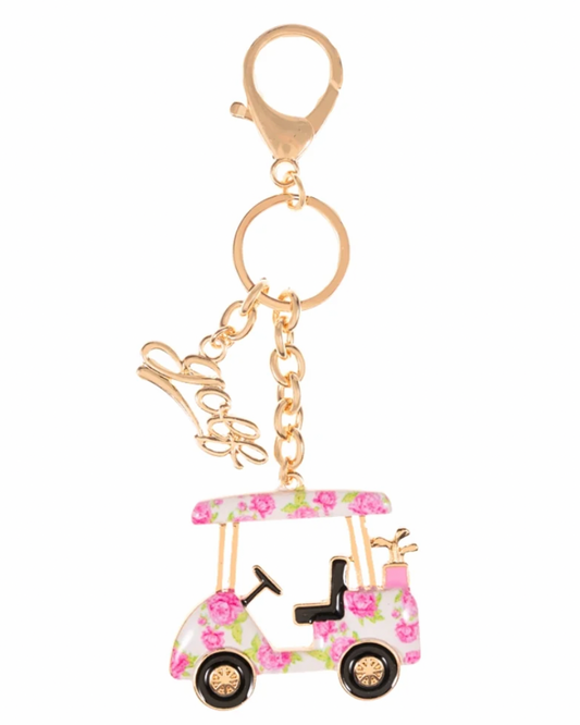 Enamel Floral Golf Cart Keychain Bag Charm