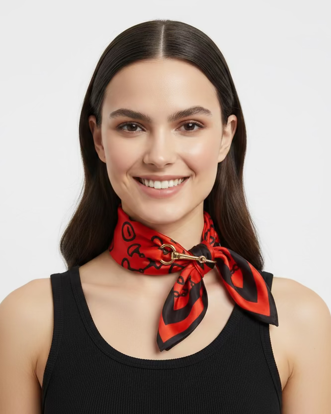 Red Scarf & Horsebit Buckle Necklace