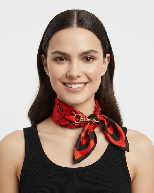 Red Scarf & Horsebit Buckle Necklace