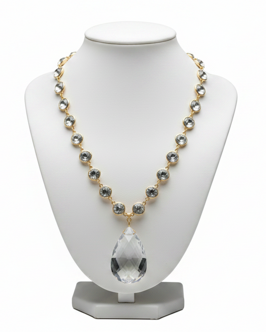 Vintage Statement Teardrop Pendant Crystal Station Necklace