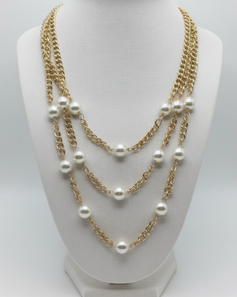 Genevieve Multi-Strand Pearl & Curb Chain Statement Necklace