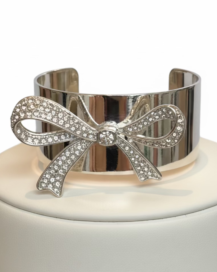 Vintage Rhinestone Pavé Bow Silver Tone Wide Cuff Bracelet