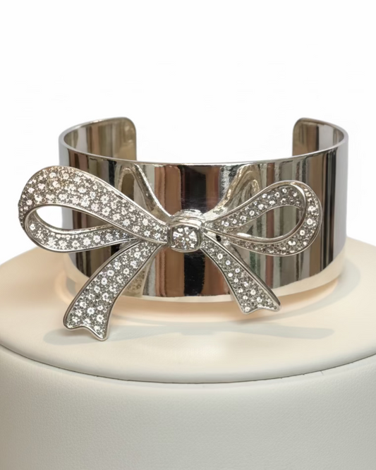 Vintage Rhinestone Pavé Bow Silver Tone Wide Cuff Bracelet