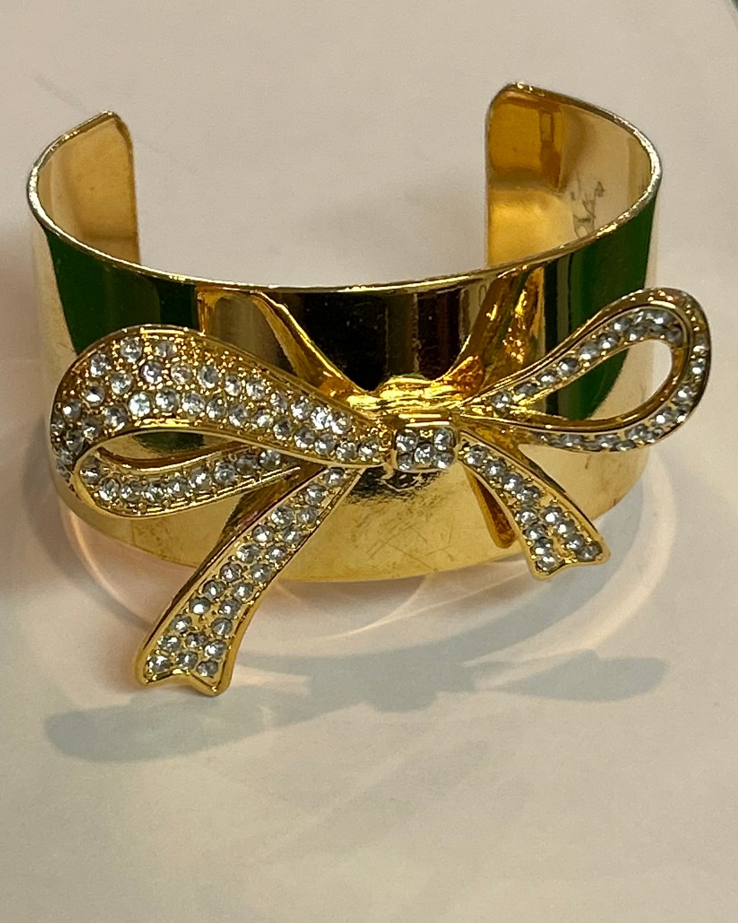 Vintage Rhinestone Pavé Bow Gold Tone Wide Cuff Bracelet