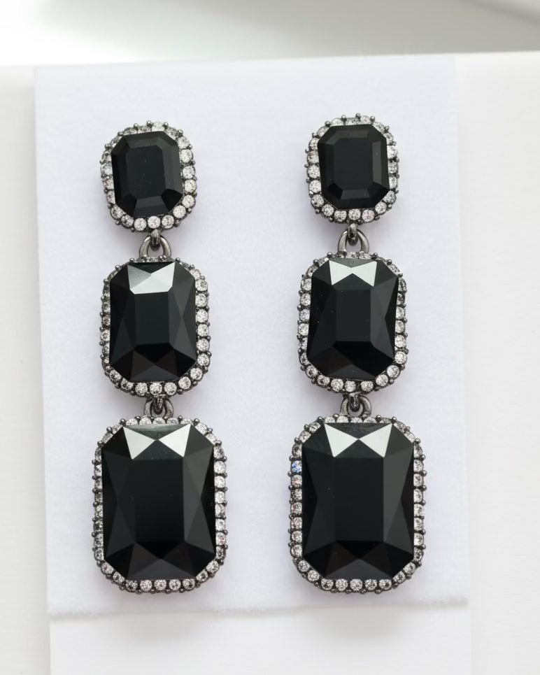 Jet Black Crystal Tiered Drop Earrings