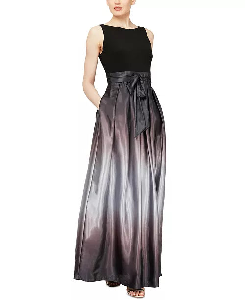 Ombre Satin Boat Neck 3/4 Sleeve Tie Waist Pocketed Gown