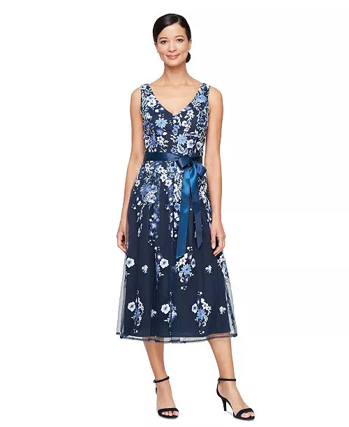 Alex Evenings Navy Floral Embroidered Tulle Midi Tea Length Formal
