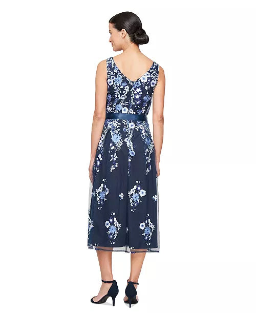 Alex Evenings Navy Floral Embroidered Tulle Midi Tea Length Formal