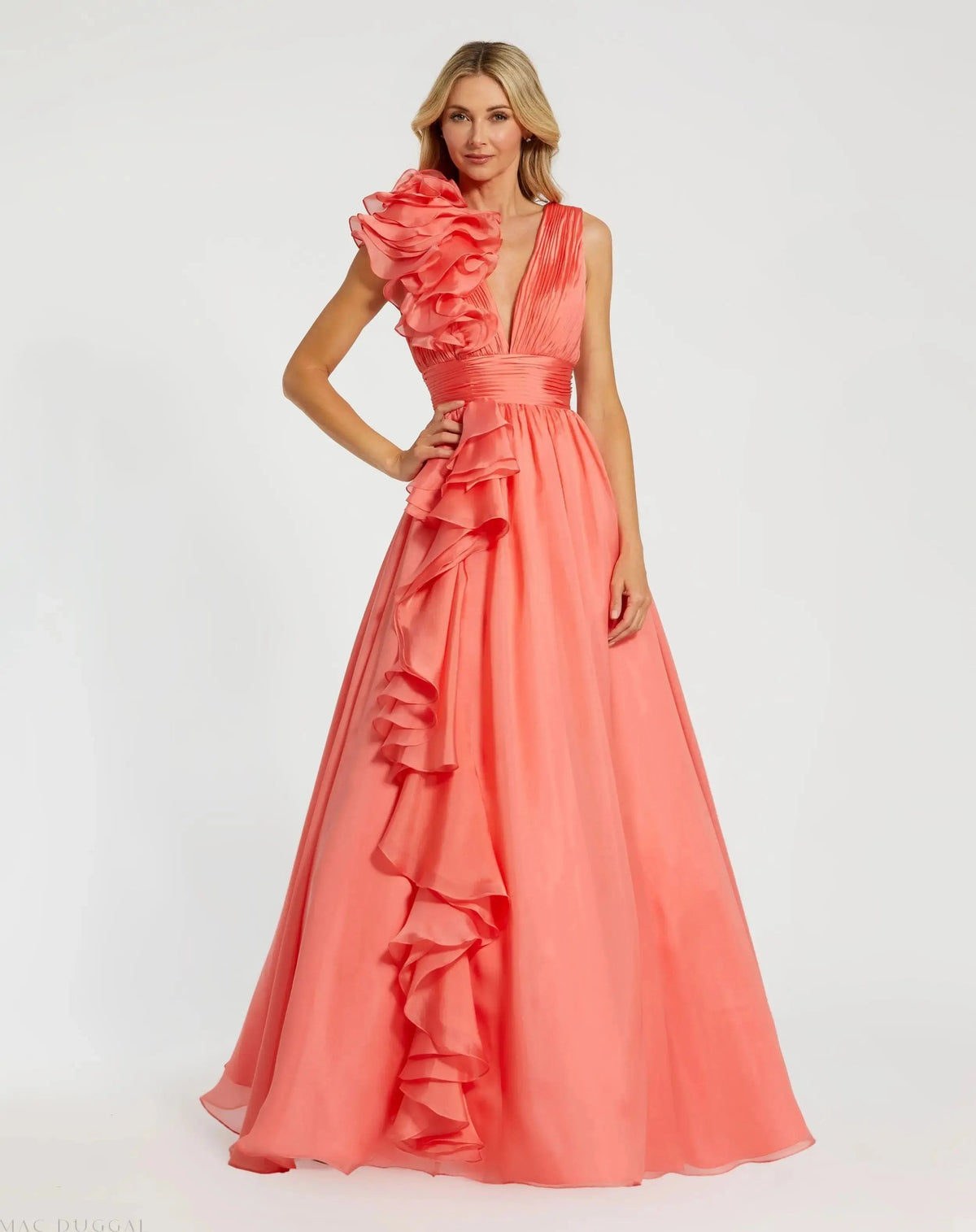 Mac Duggal Coral Ruffle Shoulder V-Neck Chiffon Gown