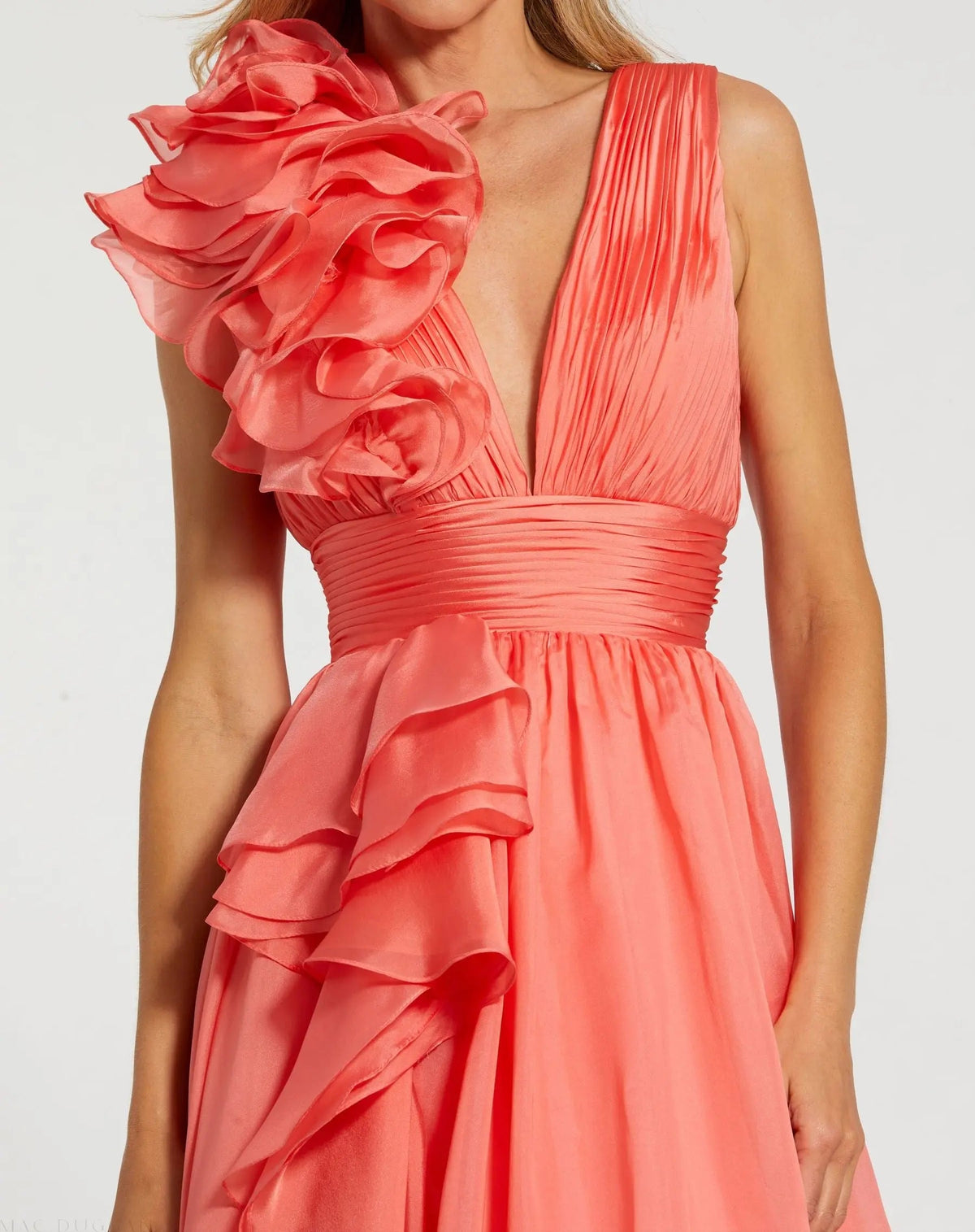 Mac Duggal Coral Ruffle Shoulder V-Neck Chiffon Gown