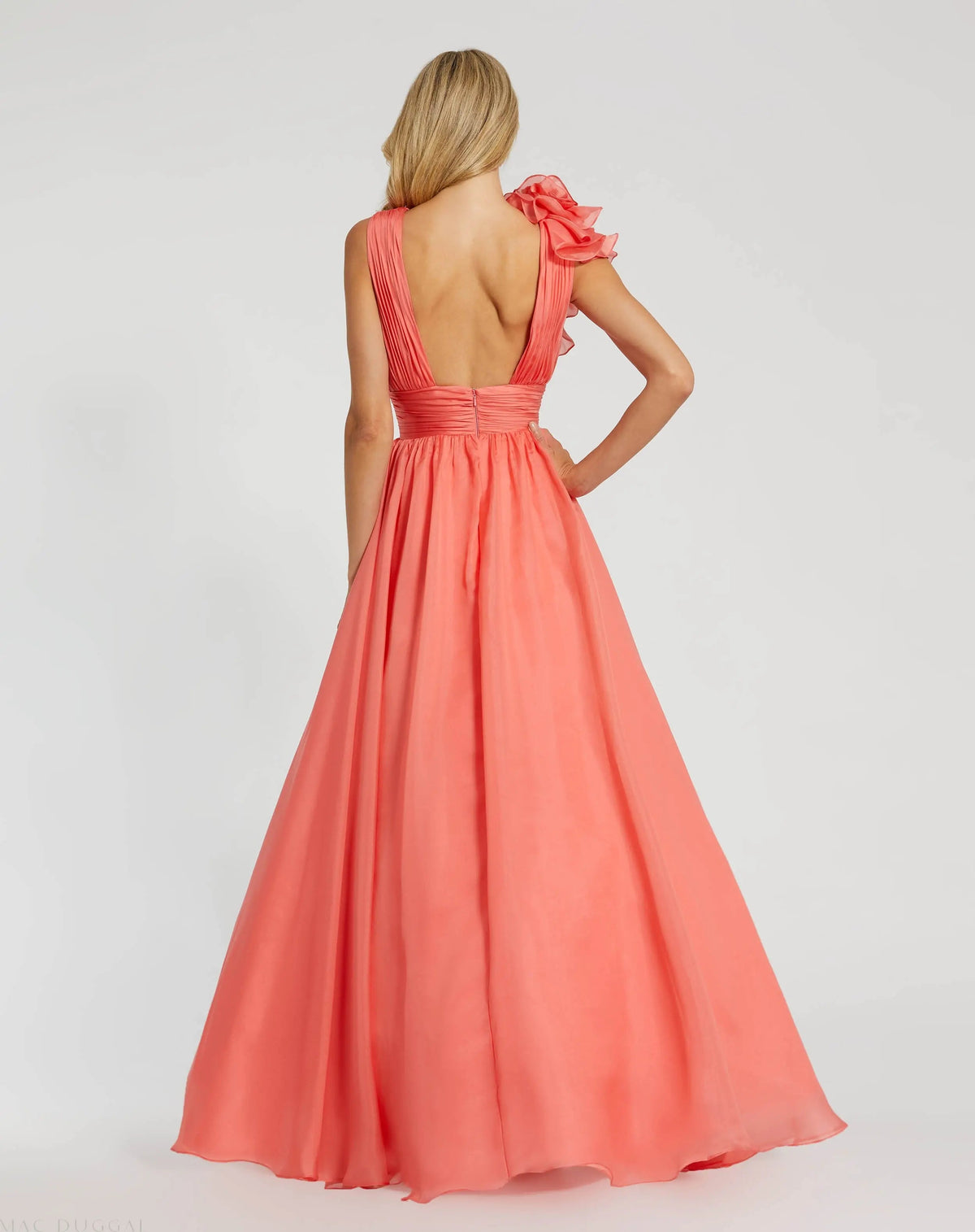Mac Duggal Coral Ruffle Shoulder V-Neck Chiffon Gown