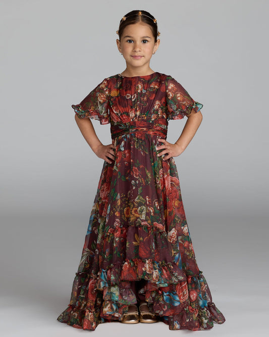 Girls Red Floral Ruffle High-Low Dress
