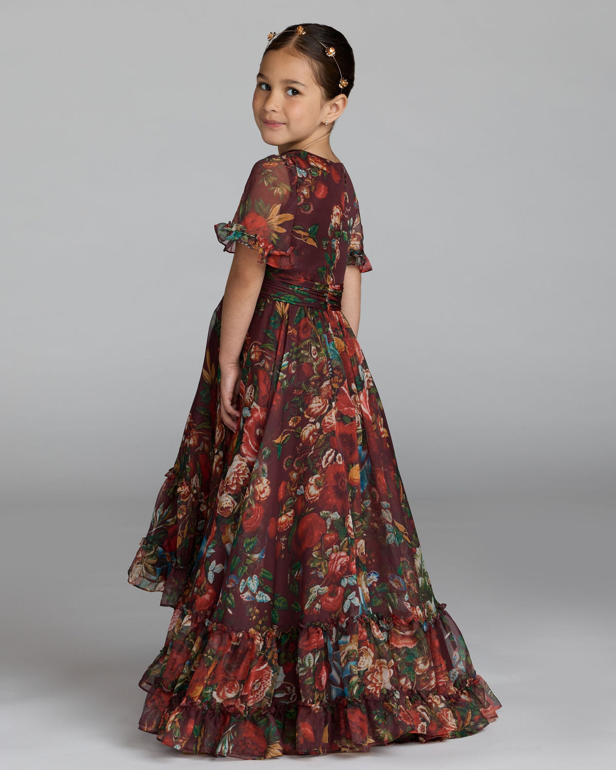 Girls Red Floral Ruffle High-Low Dress