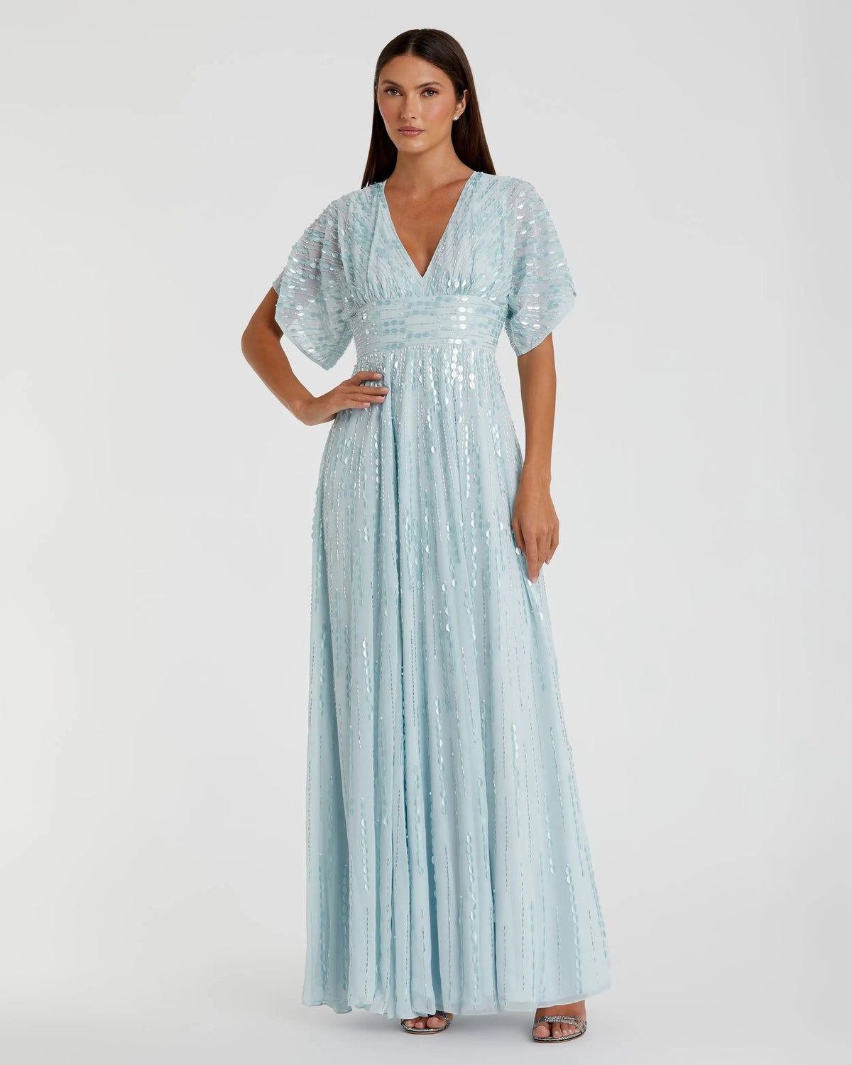Mac Duggal Blue Embellished V Neck Evening Gown