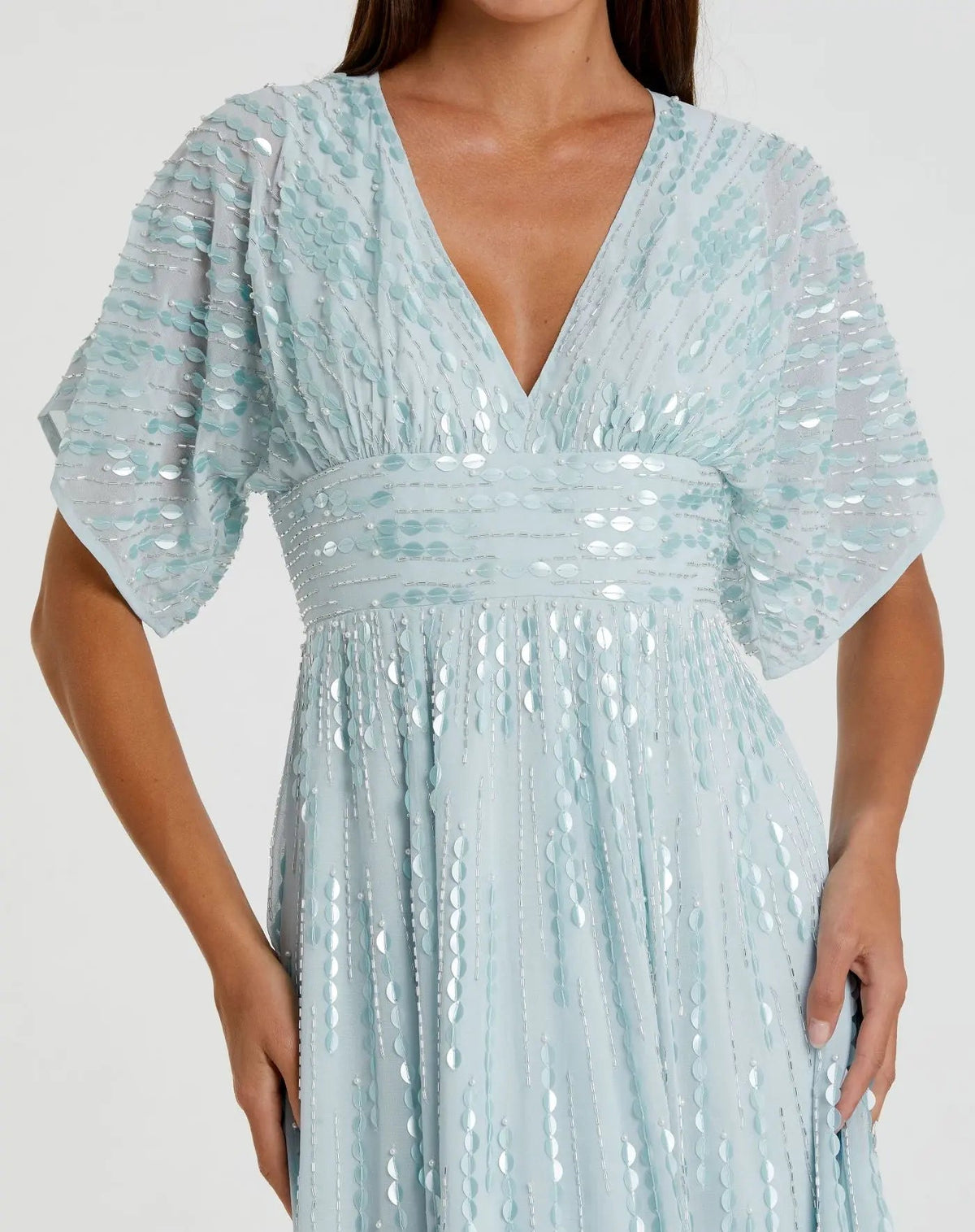 Mac Duggal Blue Embellished V Neck Evening Gown