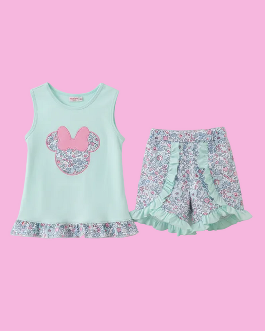 Mint Floral Character Ruffles Shorts Set