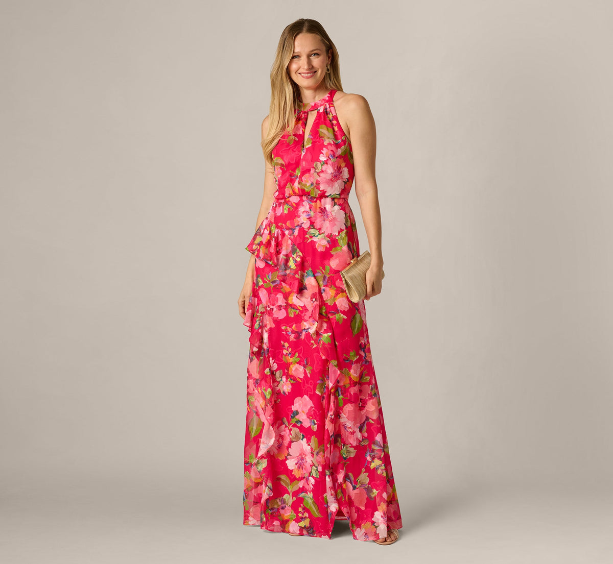 Floral Chiffon Keyhole Halter Maxi Dress In Pink Multi