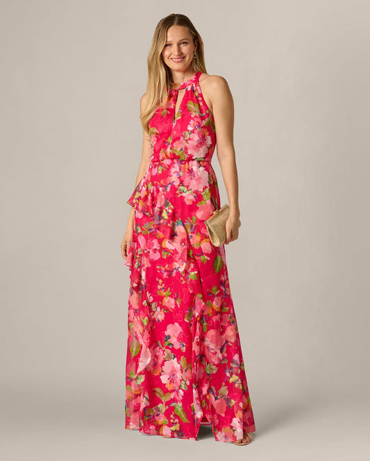 Floral Chiffon Keyhole Halter Maxi Dress In Pink Multi