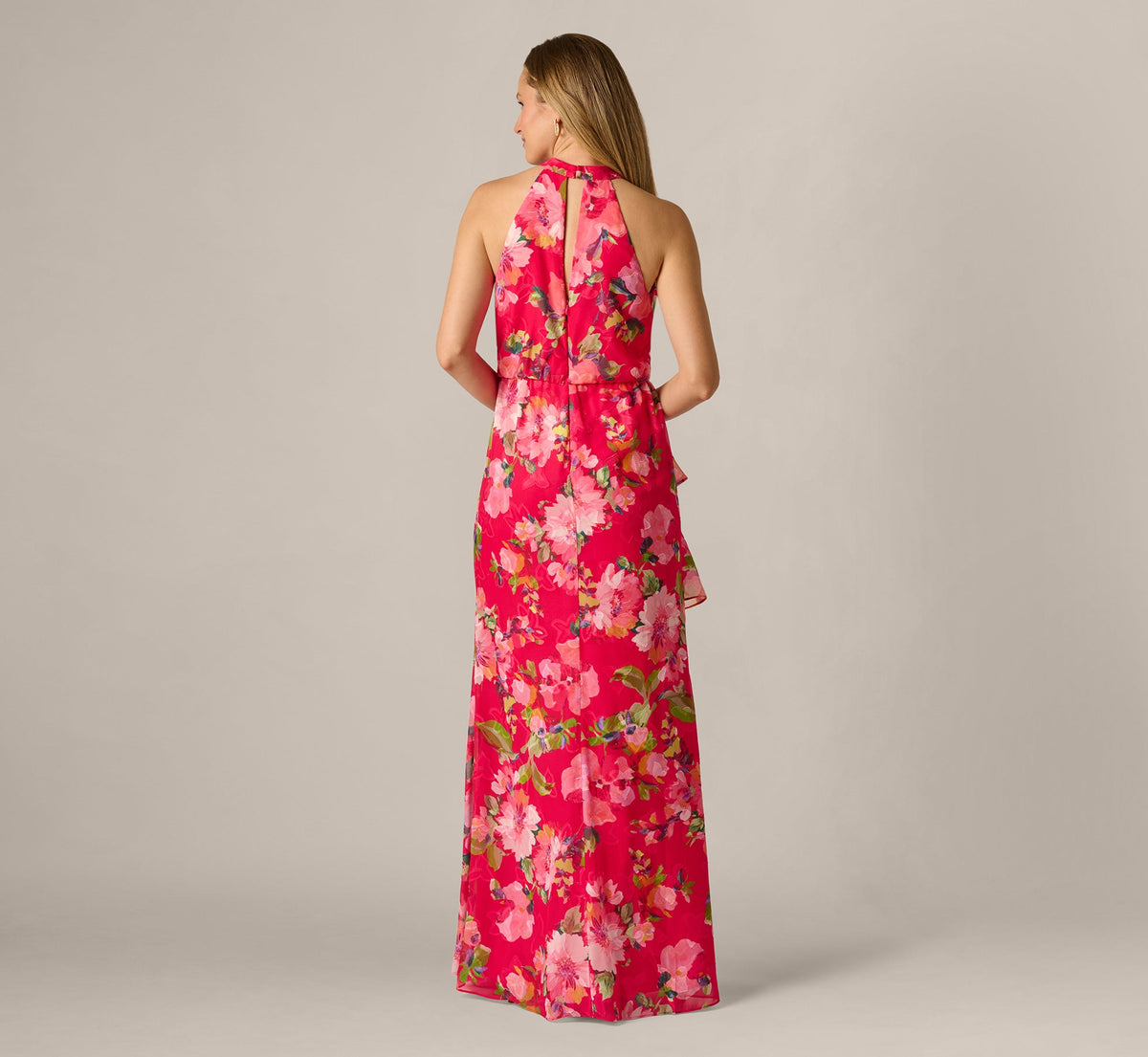 Floral Chiffon Keyhole Halter Maxi Dress In Pink Multi