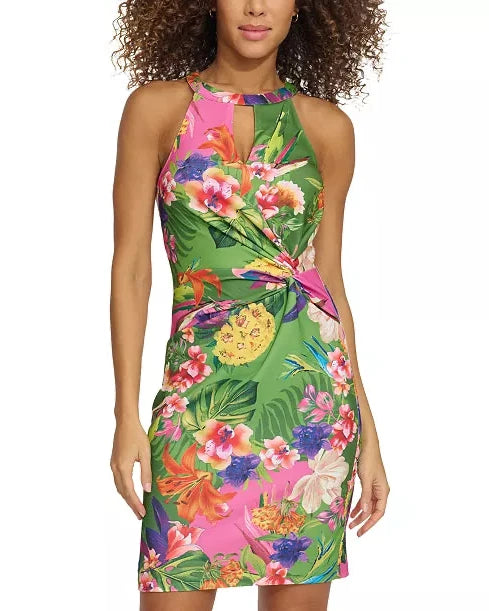 Women's Floral-Print Twist-Front Bodycon Dress