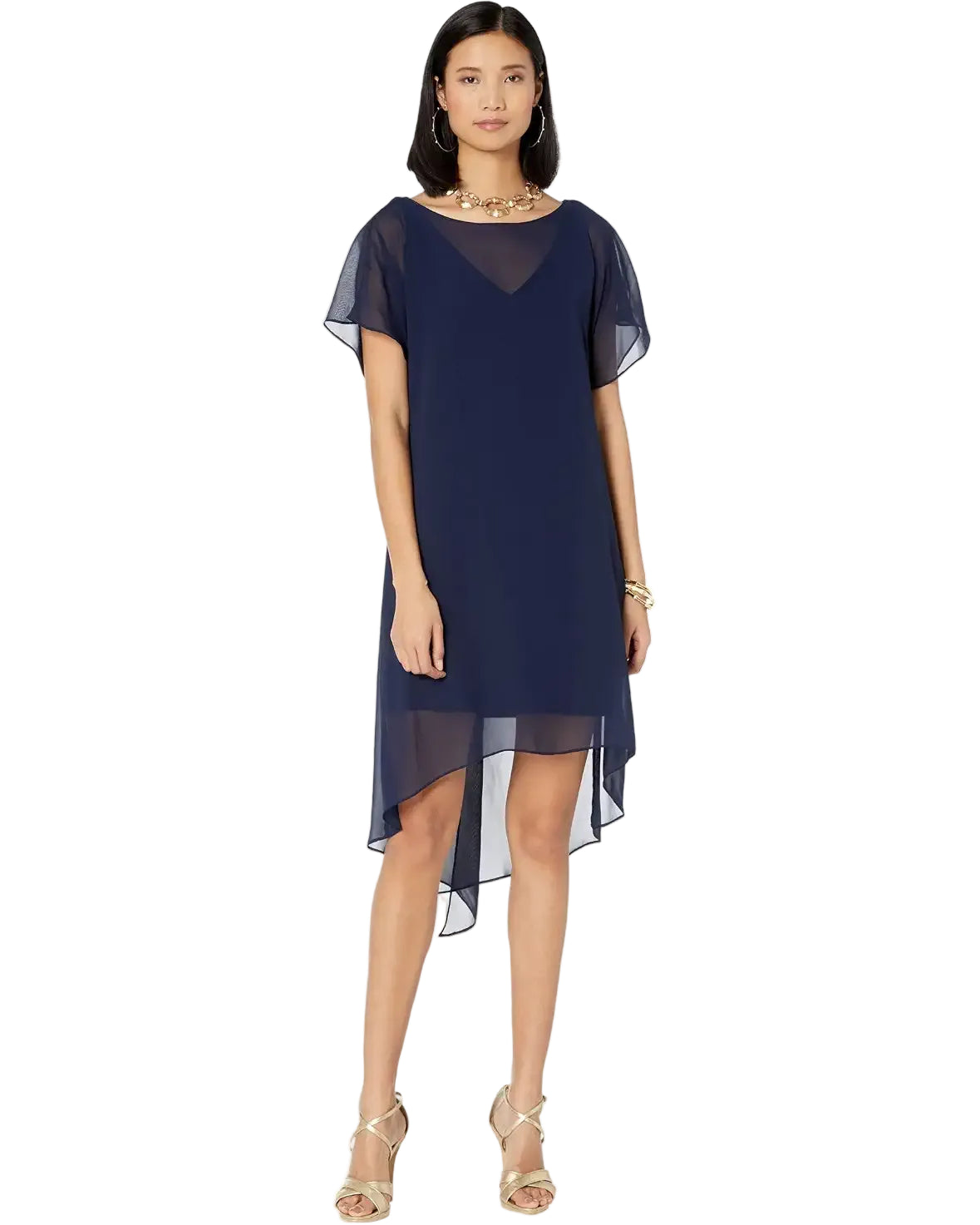 Navy Chiffon Overlay Sheath Dress