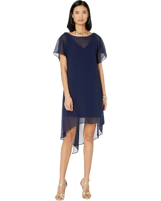 Navy Chiffon Overlay Sheath Dress