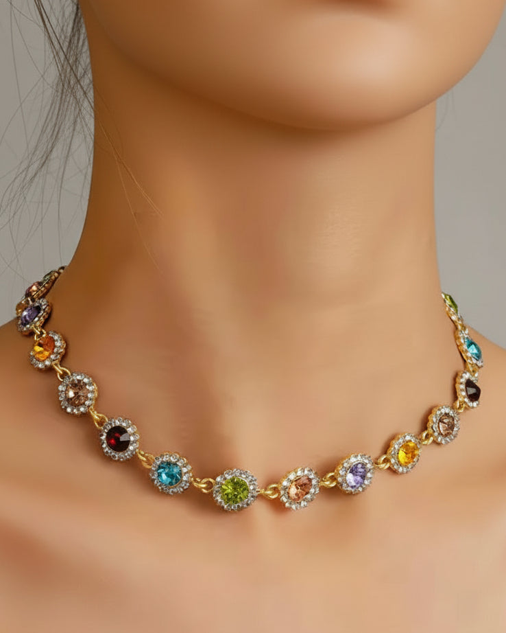 Colorful Gold Multi Crystal Chocker Necklace