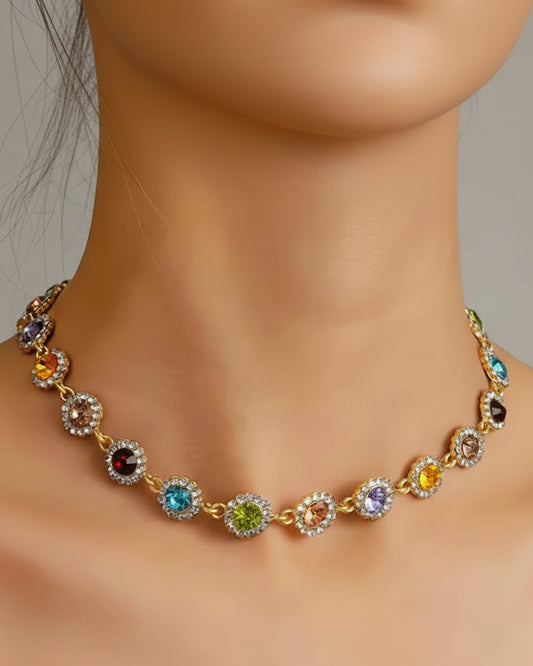 Colorful Gold Multi Crystal Chocker Necklace
