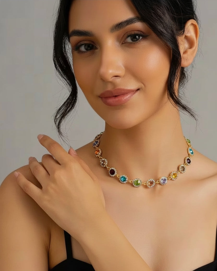 Colorful Gold Multi Crystal Chocker Necklace