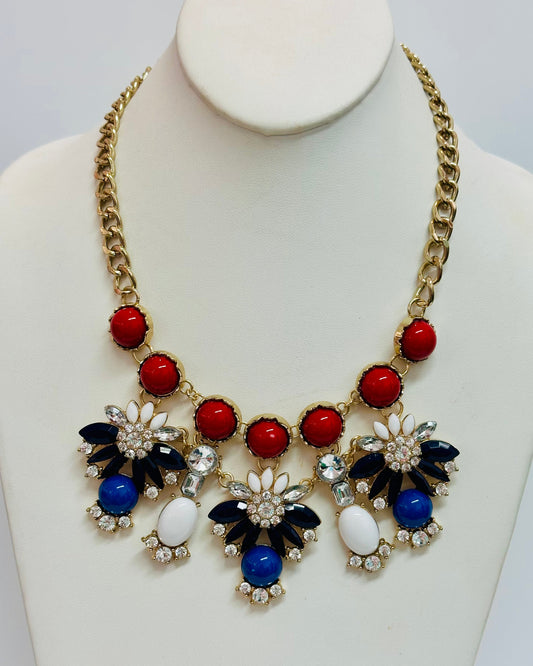 Patriotic Rhinestone Capwell Statement Necklace