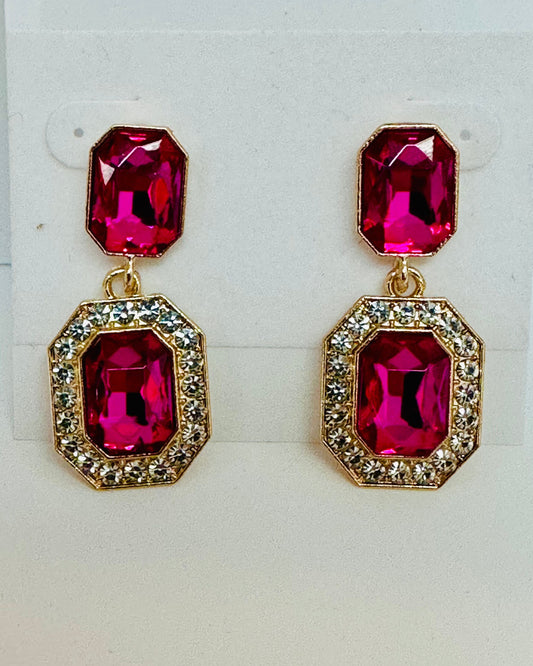 Gold Toned Fuchsia Double Drop Earrings