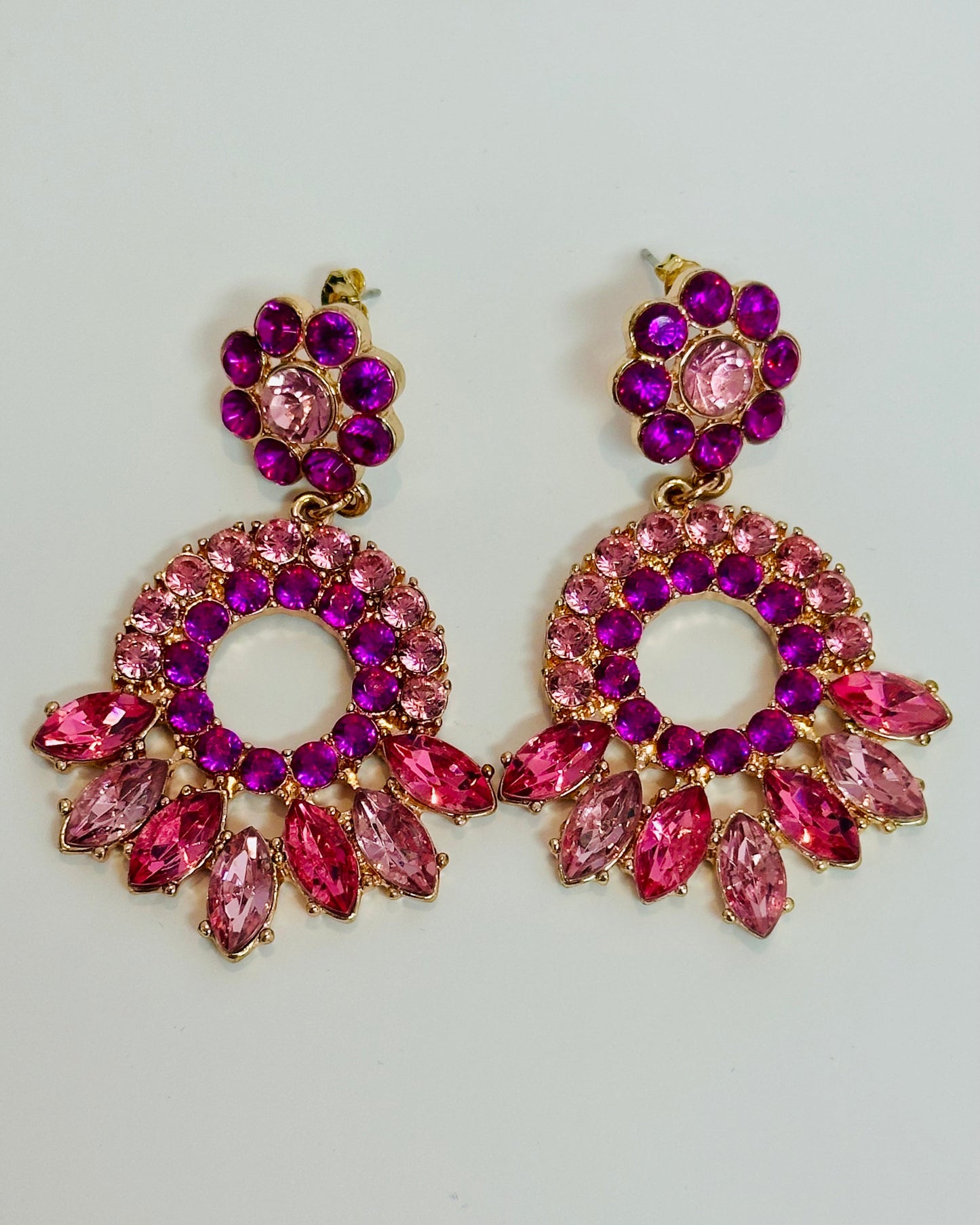 Vintage Fuchsia & Rose Pink Rhinestone Chandelier Statement Earrings