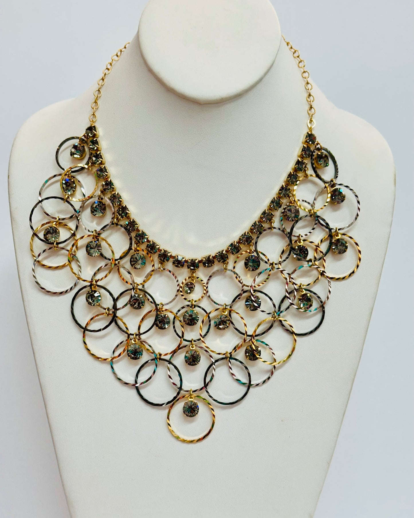 Vintage Interlocking Multi-Ring Crystal Bib Statement Necklace