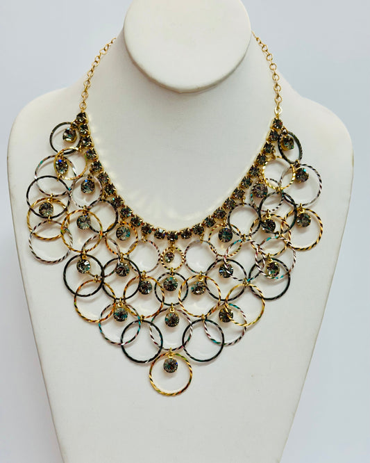 Vintage Interlocking Multi-Ring Crystal Bib Statement Necklace