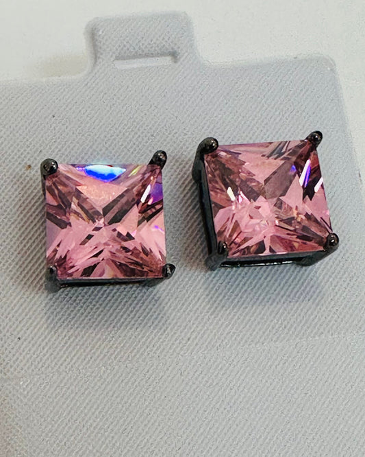 Vintage Princess-Cut Pink Crystal Studs