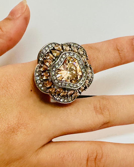 Floral Cocktail Ring – Champagne Crystal Statement Rin