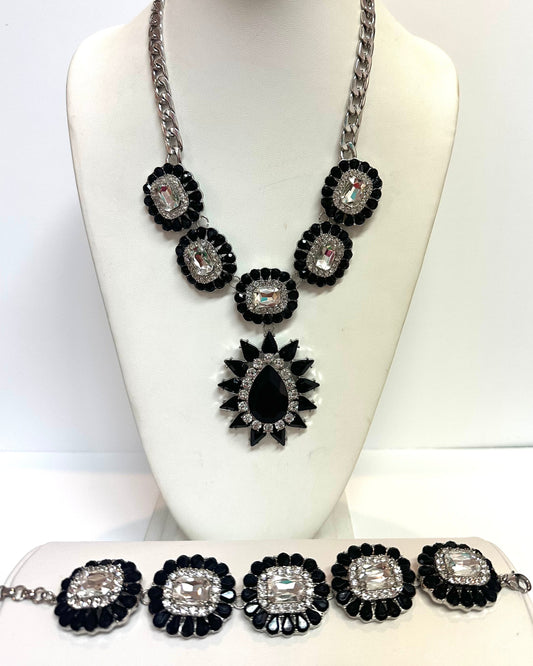 Vintage Jet Black & Crystal Rhinestone Statement Set – Necklace & Bracelet