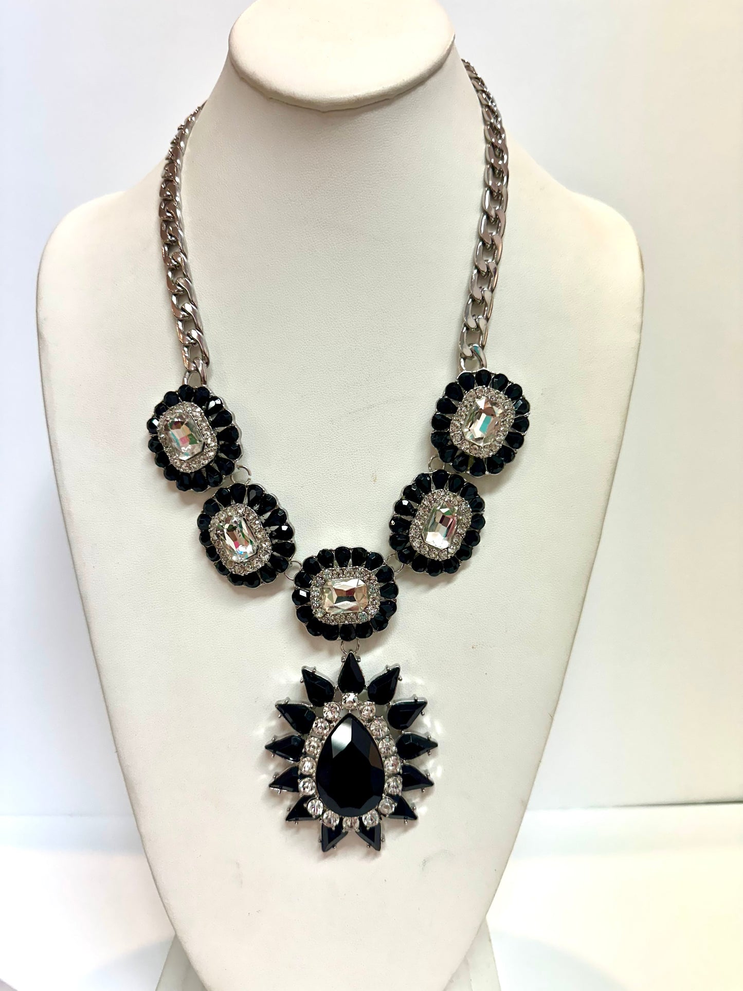 Vintage Jet Black & Crystal Rhinestone Statement Set – Necklace & Bracelet