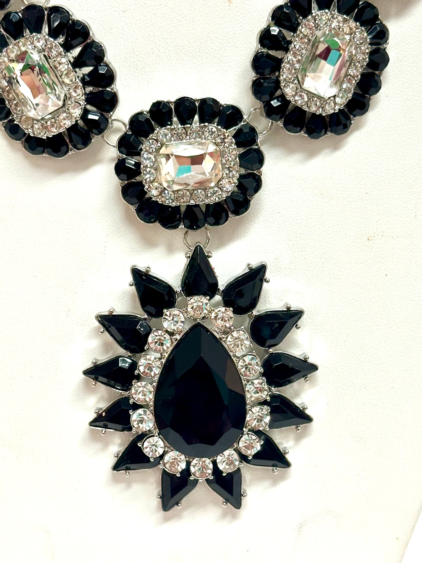 Vintage Jet Black & Crystal Rhinestone Statement Set – Necklace & Bracelet