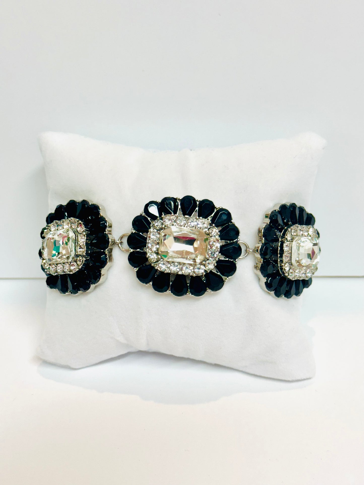 Vintage Jet Black & Crystal Rhinestone Statement Set – Necklace & Bracelet