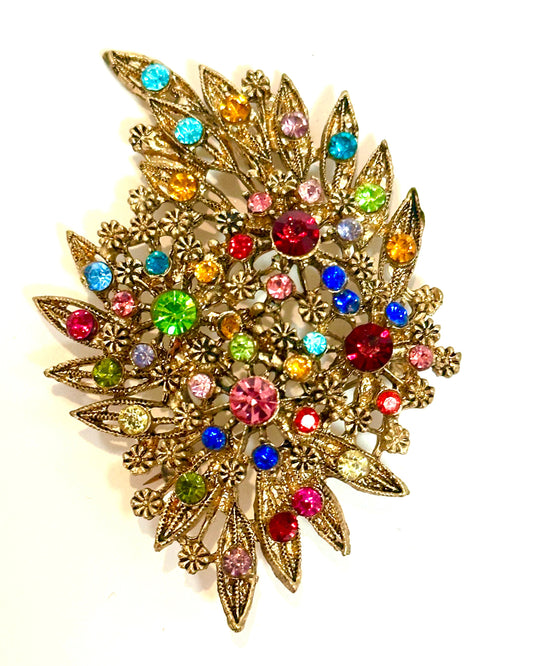 Vintage Multicolor Rhinestone Floral Spray Brooch